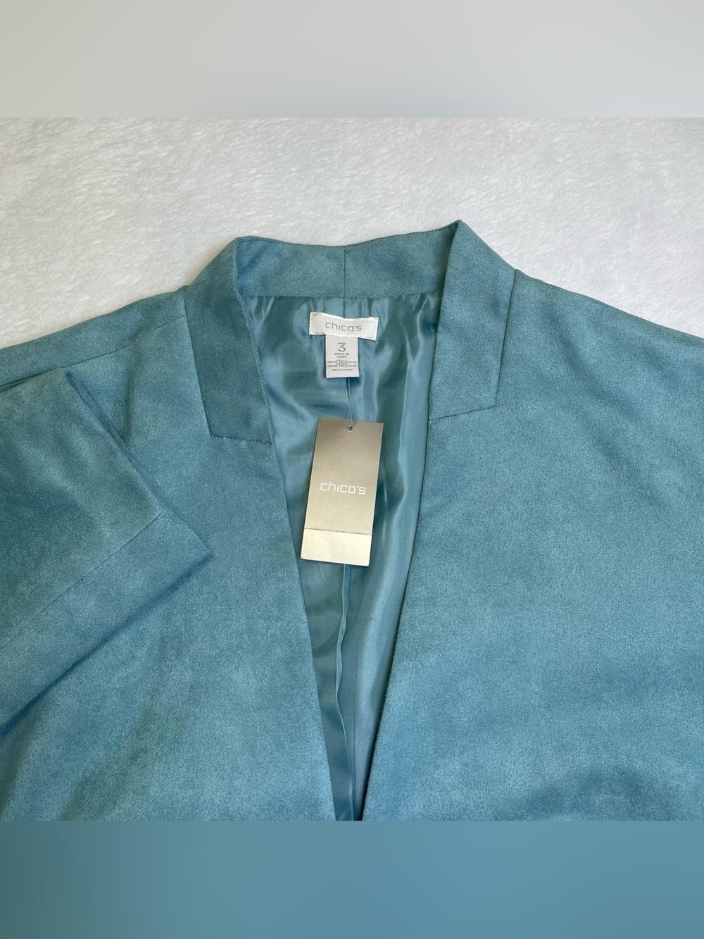 NWT Chico’s Size 3 Faux Suede Open Front Blazer Jacket Dust Blue XL 16